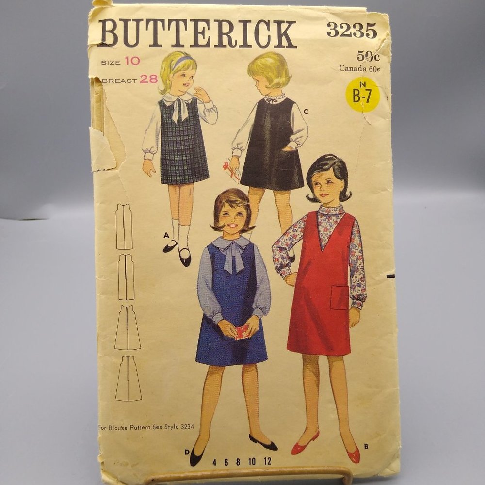 Vintage Sewing PATTERN Butterick 3235, Girls 1965 Jumpers, Child Size 10